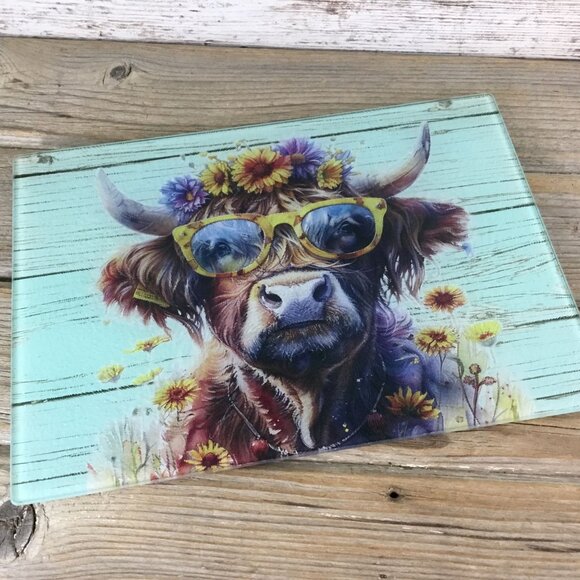 Boho Hippie Highland Cow Glass Cutting Board - Picture 2 of 8